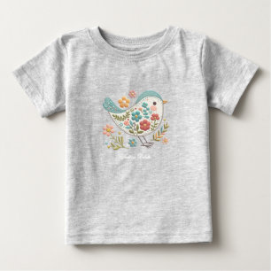 Para Bebê Camiseta Infantil Pequeno Pássaro Flores Azuis e R