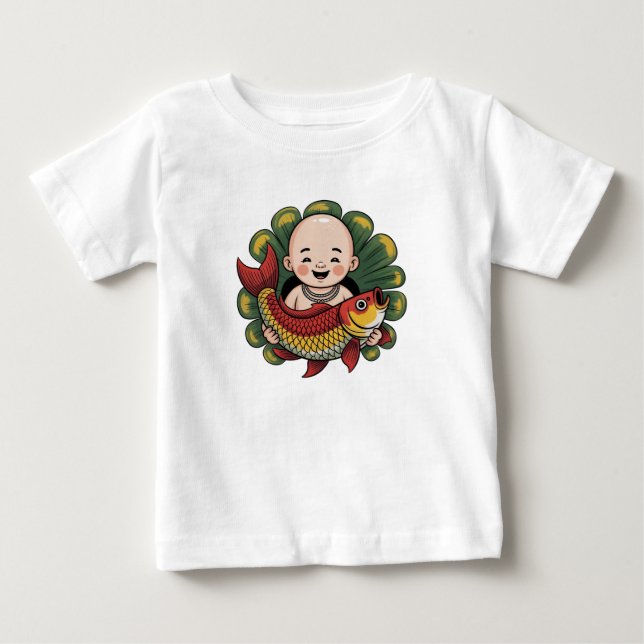 Para Bebê Camiseta | Menino Fofo com Koi Sortudo (Frente)