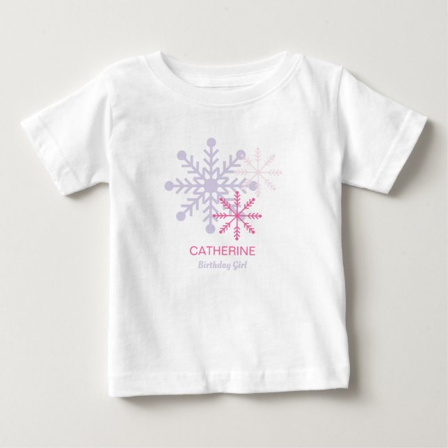 Para Bebê Camiseta Moderna Flocos de Neve Rosa Inverno Onede (Frente)