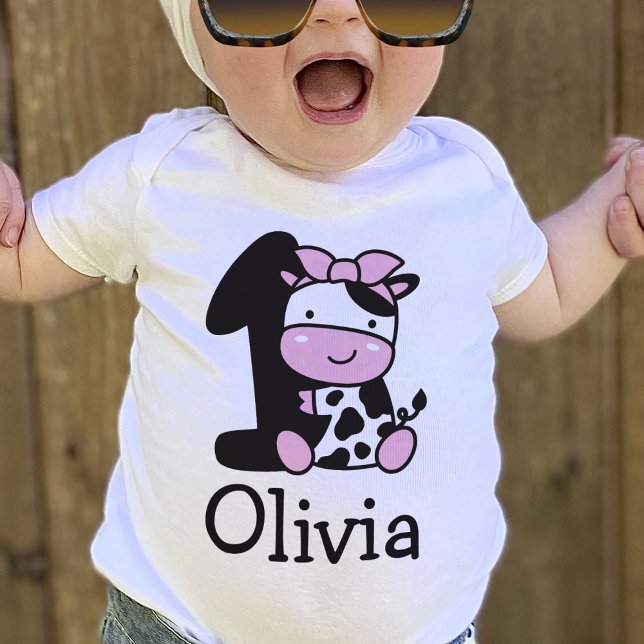 Para Bebê Camiseta Número 1 Vaca Aniversário de 1 Ano da Men (Criador carregado)