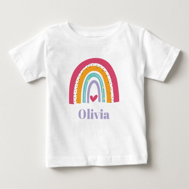 Para Bebê Camiseta Personalizada Rosa e Roxa Arco-Íris (Frente)