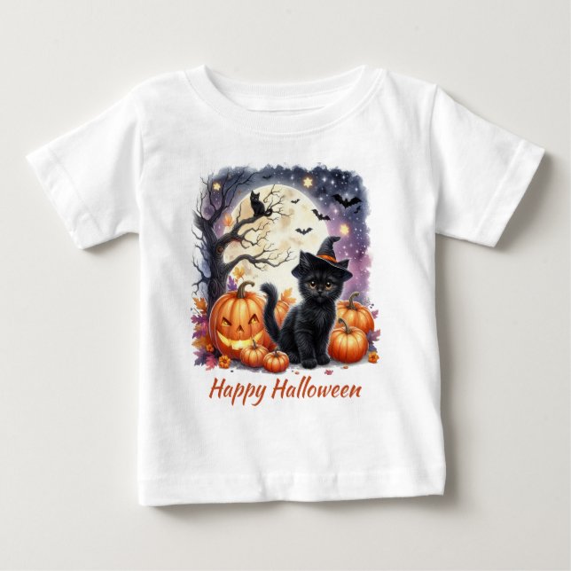 Para Bebê Camiseta Preta de Gato de Halloween Fofa (Frente)