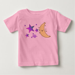 Para Bebê Camiseta Rosa com Babado e Rosto da Lua & Estrelas