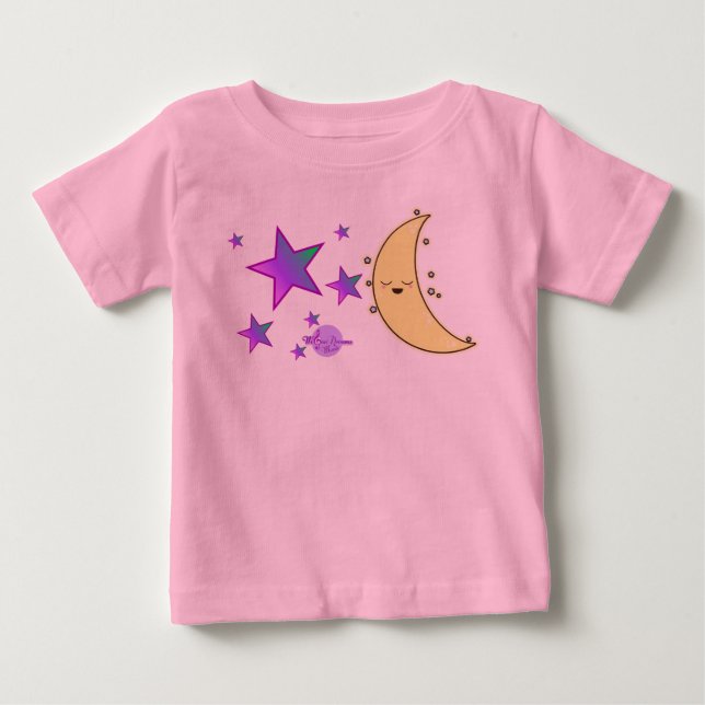 Para Bebê Camiseta Rosa com Babado e Rosto da Lua & Estrelas (Frente)