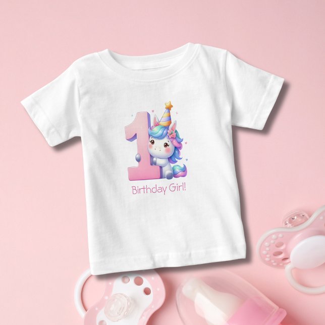 Para Bebê Camiseta Unicórnio 1º Aniversário Menina (Unicorn 1st Birthday T-shirt for baby girl. Personalize it with her name or text)