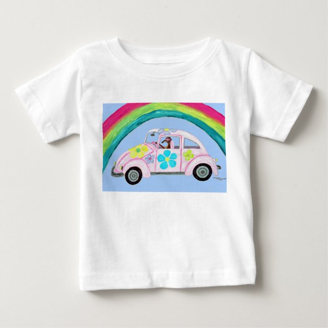 Para Bebê Greyhound em carro hippie com camiseta arco-íris (Frente)