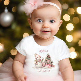Para Bebê Vintage Snowman Girl Pink Primeira Camiseta de Nat