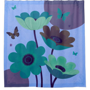 Para Box Cortina de Banho Abstrata Floral Azul & Borboleta
