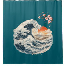 Cortina de Banho Azul Japonês Onda Grande