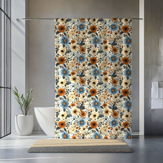 Para Box Cortina de Banho Boho Terracota Floral Azul Pó