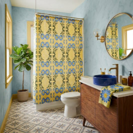 Para Box Cortina de Banho com Desenho Floral Amarelo e Azul
