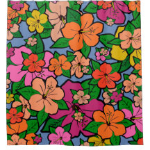 Cortina de Banho com Flores de Hibisco Multicolori
