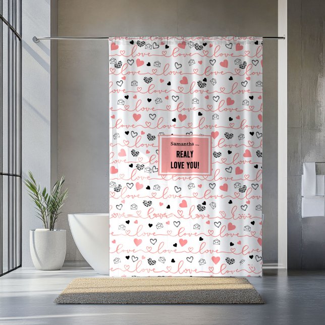 Para Box Cortina de Banho de Recém-Casados Românticos Coraç (Romantic Newlywed Shower Curtain Pink Black Hearts)