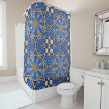 Cortina de Banho Decorativa Azul Dourada