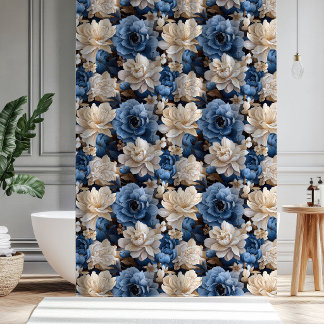 Para Box Cortina de Banho Floral Branco Azul Elegante