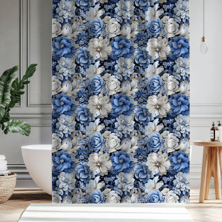 Para Box Cortina de Banho Moderna Floral Azul Branco Marfim