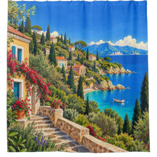 Para Box Cortina de Banho Paisagem Costeira Vintage Corfu