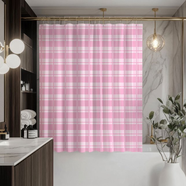 Para Box Cortina de Banho Rosa Blush na Moda com Vibrações  (Blush Pink Shower Curtain Cozy Plaid Vibes)