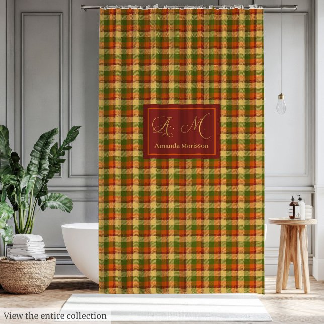 Para Box Cortina de Banho Xadrez Outono Chic Com Nome Perso (Autumn Plaid Shower Curtain Cozy Custom Name Accent)