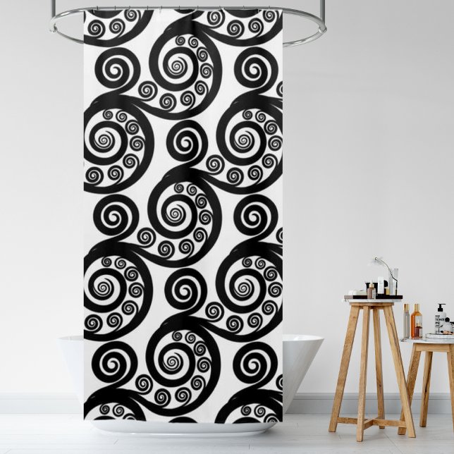 Para Box Cortina de Chá de espiral branca e preta elegante (Elegant Black & White Curly Swirls Shower Curtain)