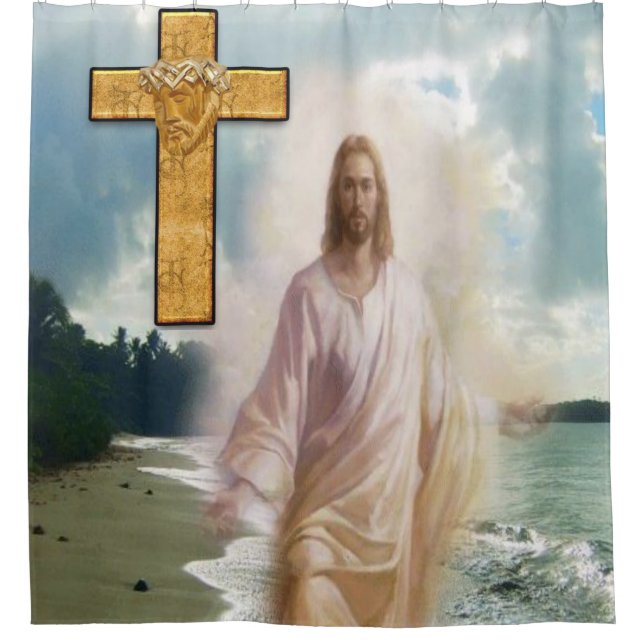 Para Box Cortina de chuva branca cruzada de Jesus (Frente)