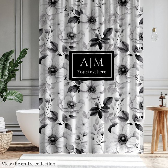 Para Box Cortina de chuveiro com charmosas flores pretas e  (Charming black and white flowers shower curtain)