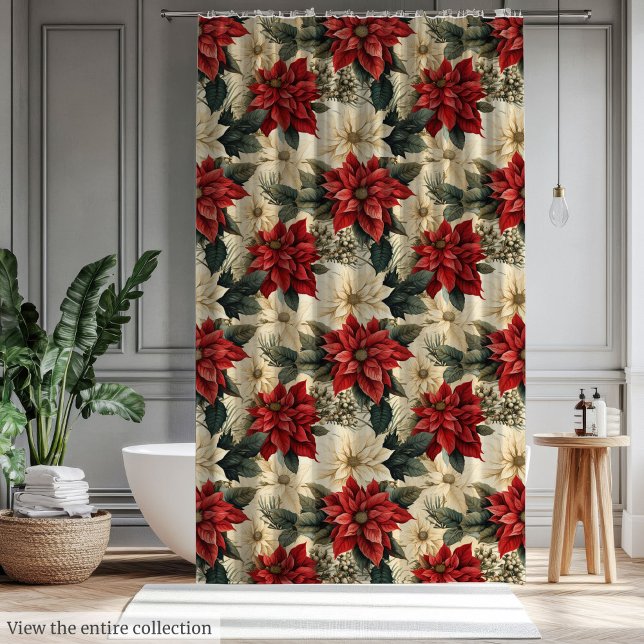 Para Box Cortina de Chuveiro de Férias Flores Clássicas de  (Holiday Shower Curtain with Classic Christmas Flowers)