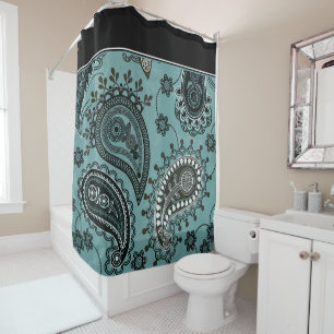 Para Box Cortina de chuveiro paisley azul-teal escuro