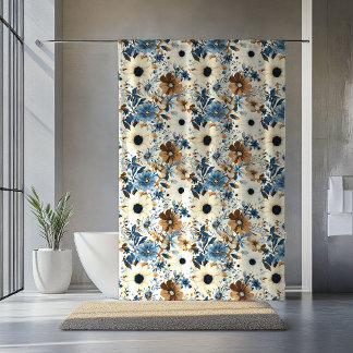Para Box Cortina Floral Marrom Opulenta Flores Azuis Boêmio