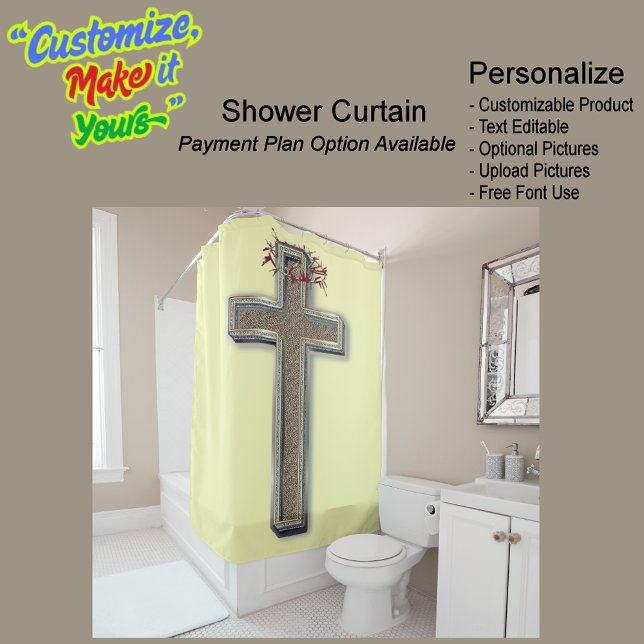 Para Box Fundo Amarelo da Cortina do chá (Cross Biblical Shower Curtain Featuring a Yellow Background.)