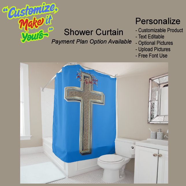 Para Box Fundo Azul da Cortina do chá (Cross Biblical Shower Curtain Featuring a Blue Background.)