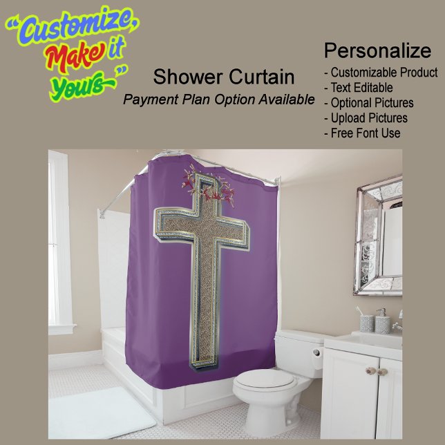 Para Box Fundo da Cortina de chá Roxo (Cross Biblical Shower Curtain Featuring a Purple Background.)