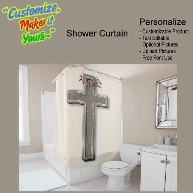 Para Box Fundo do bege da cortina do chá (Cross Biblical Shower Curtain Featuring a Beige Background.)