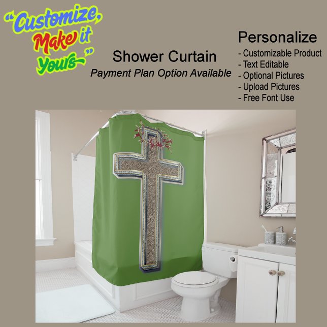 Para Box Fundo Verde da Cortina do chá (Cross Biblical Shower Curtain Featuring a Green Background.)