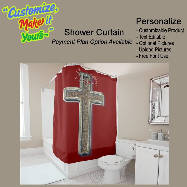 Para Box Fundo Vermelho da Cortina do chá (Cross Biblical Shower Curtain Featuring a Red Background.)