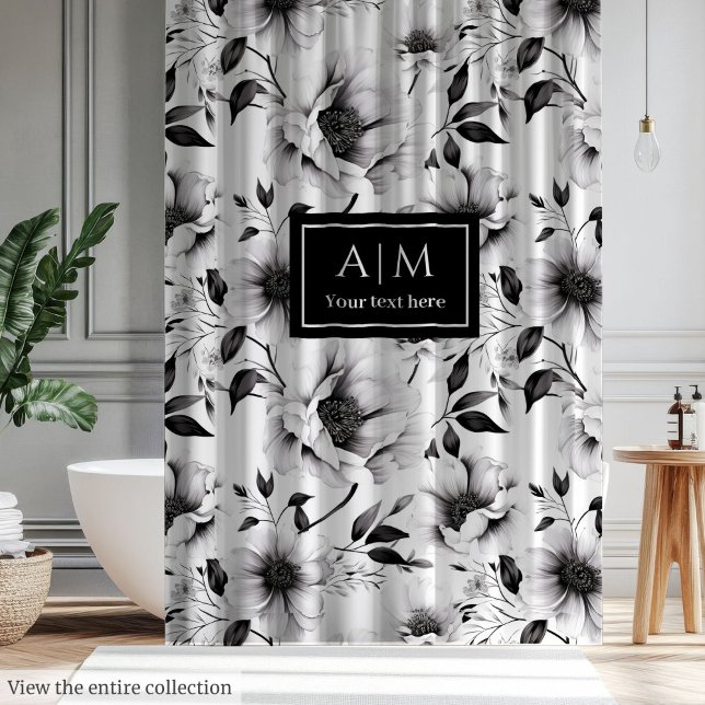 Para Box Magnífica cortina de chuveiro com flores pretas e  (Magnificent black and white flowers shower curtain)