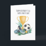 Para Cartão De Aniversário De Futebol Do Son Sport<br><div class="desc">Jogo desportivo encantador,  filho de um cartão de aniversário feliz. Perfeito para um garoto especial. Design exclusivo para a marca de placas de elefante verdes.</div>