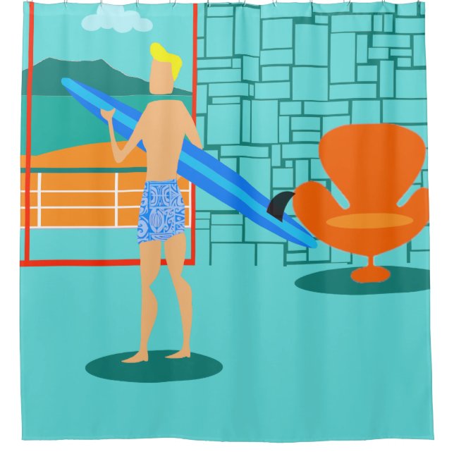 Para Chuveiro Cortina de chá retro do gajo do surfista (Frente)