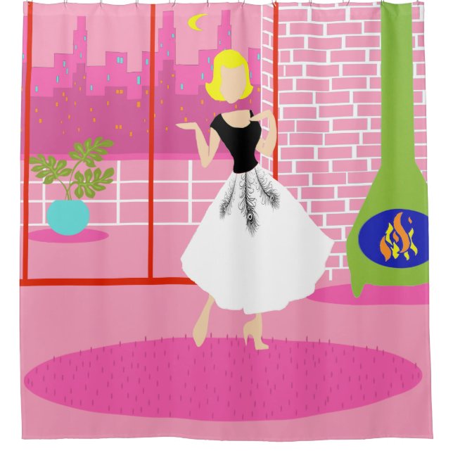 Para Chuveiro Retro na cortina de chá cor-de-rosa (Frente)