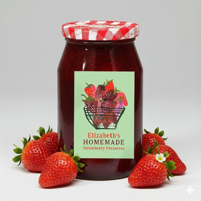 Para Comida Cesta de Morango em Aquarela Rótulo Personalizado  (Watercolor Strawberry Basket Custom Homemade Jam Food Label Sticker
)