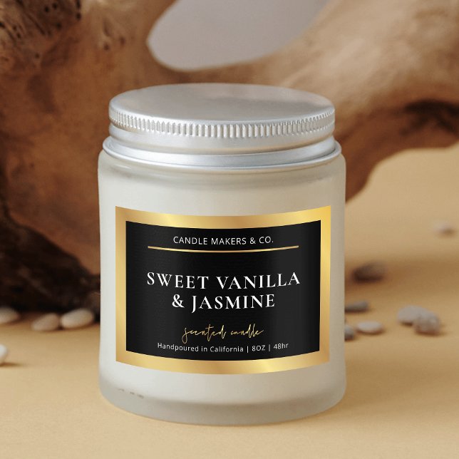 Para Comida Rótulo da Vela de Embalagem de Produto Preto e Dou (Trendy and chic black and gold foil effect border rectangle candle jar labels)