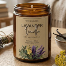 Rótulo de Vela Floral Lavanda Baunilha Aquarela