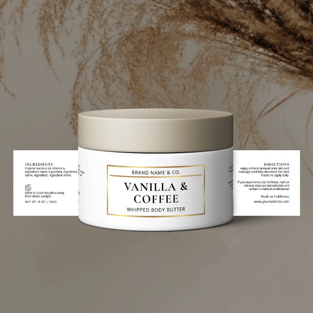 Para Garrafa D'água Rótulo de Ingredientes de Urso da Manteiga Dourada (Elegant white and gold product jar label with space for ingredients)
