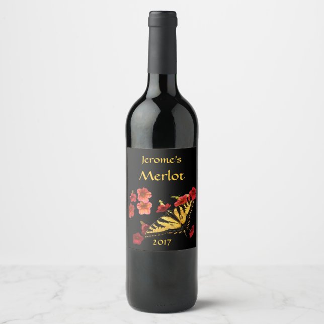 Para Garrafa De Vinho Borboleta-delta-malhas em Flores Vermelhas Rótulo  (Frente)