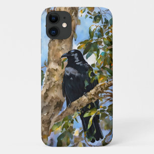 Para iPhone 11 Capa de telefone com arte de pássaro corvo preto