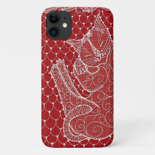 Para iPhone 11 Dormir Gato Lace Doily (Crimson) na capa de telefo