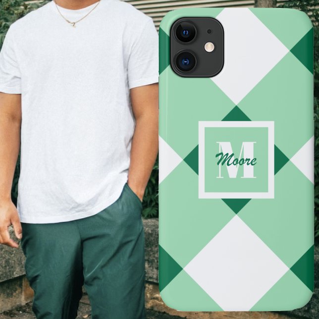 Para iPhone 11 Gingham - Capa de telefone Verde Médio e Claro (Gingham - Medium and Light Green Phone Case by Leapfroglisics Shop)