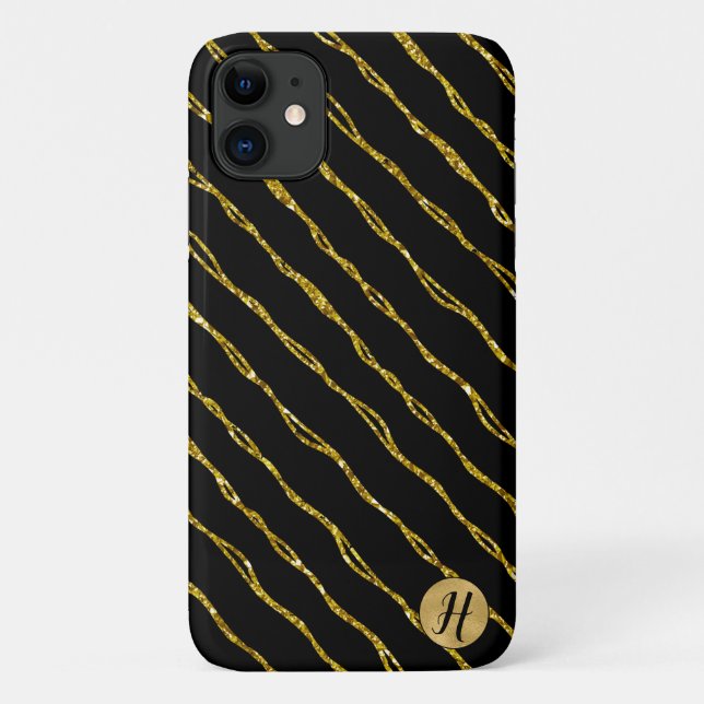 Para iPhone 11 Glitter Dourado e Capa de telefone preta (Verso)