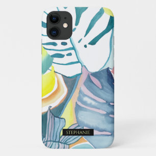 Para iPhone 11 Monstera Watercolor Abstrato Art Name Capa de tele