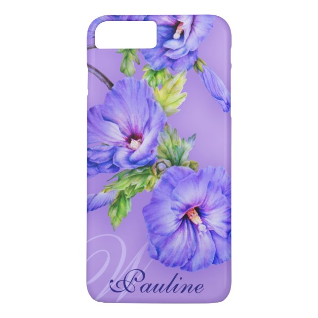 Para iPhone, Case-Mate Nome & inicial hibisco azul roxo capa de iphone (Verso)